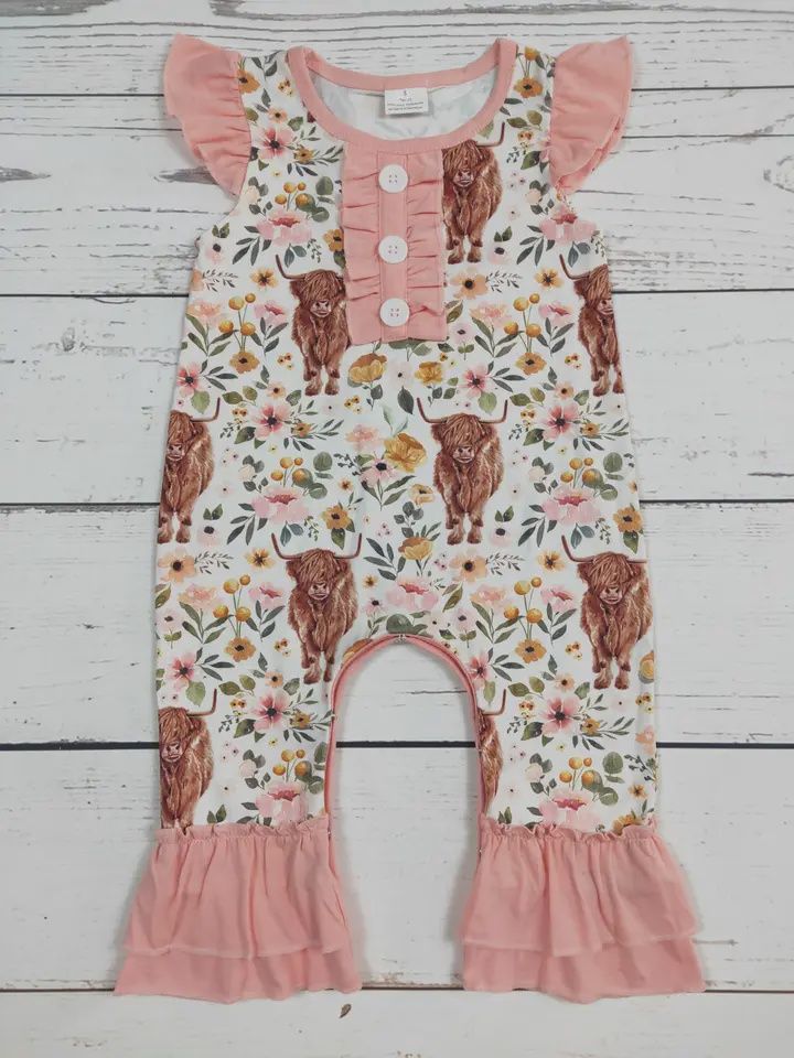 Baby Girls Flower Highland Cows Romper