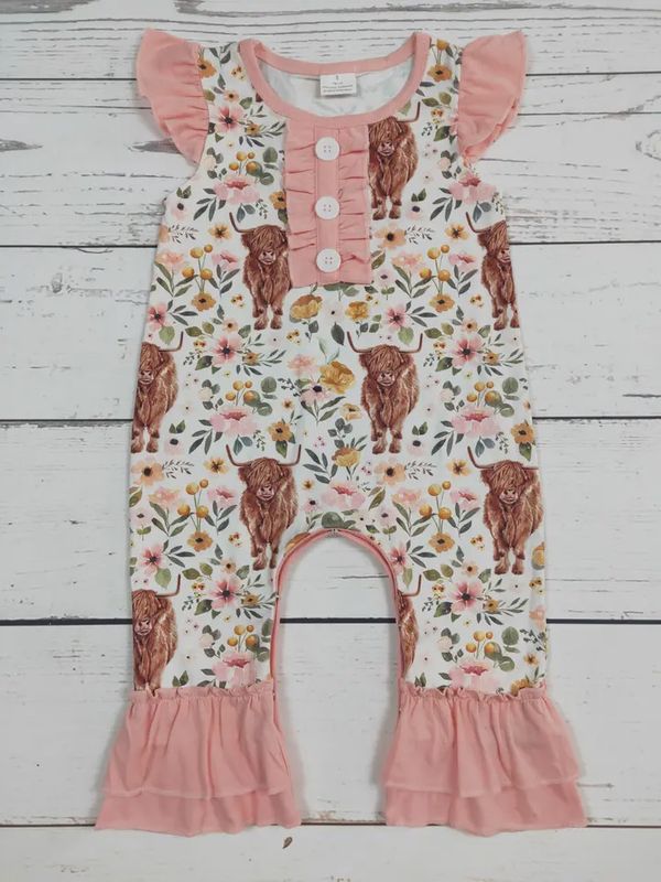 Baby Girls Flower Highland Cows Romper