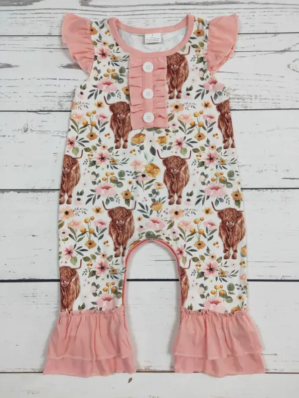 Baby Girls Flower Highland Cows Romper