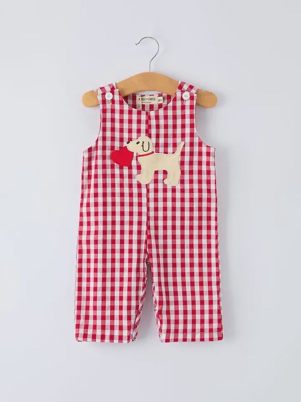 Valentine Red Plaid Boys Romper with Applique Heart Dog Detail