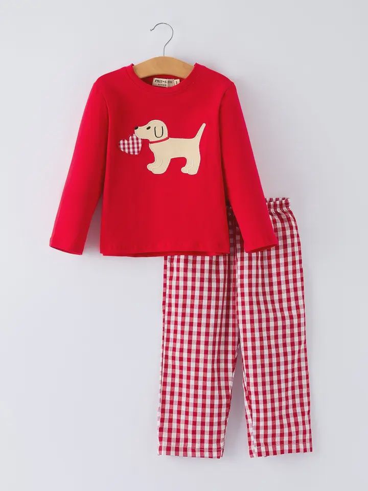 Valentine Red Plaid Boys Set with Applique Heart Dog Detail