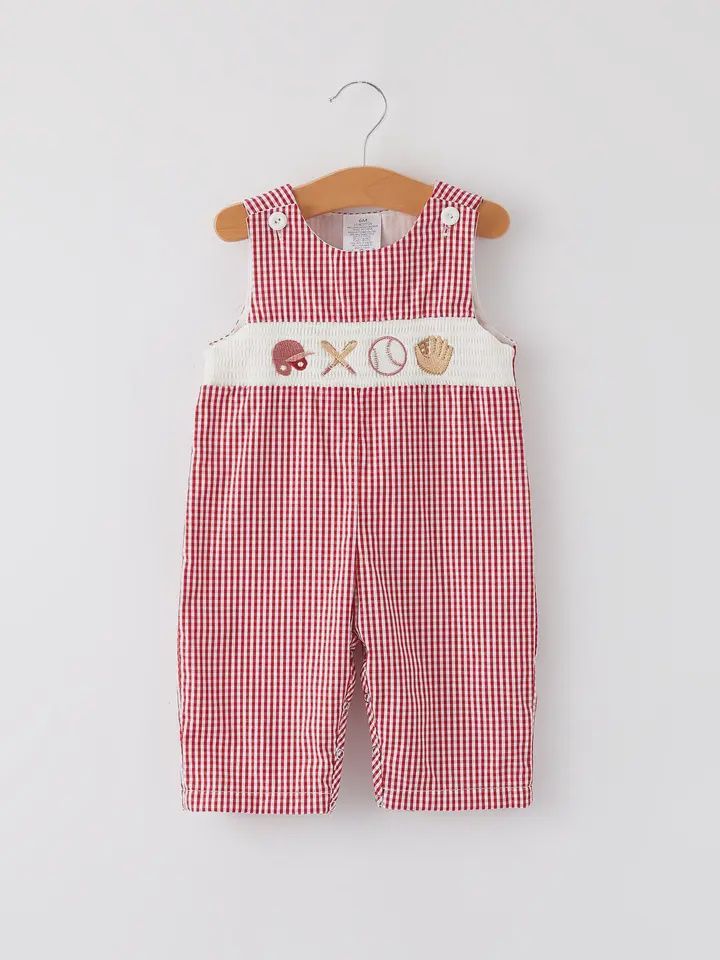 Baseball Baby Boys Smocking Embroidered Plaid Romper