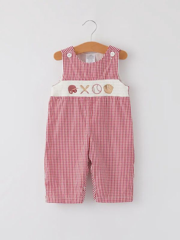 Baseball Baby Boys Smocking Embroidered Plaid Romper