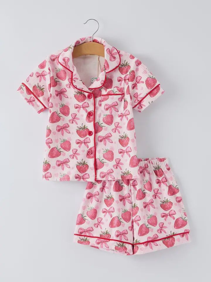 Spring Strawberry Bow Short Sleeve Shorts Pajama Set