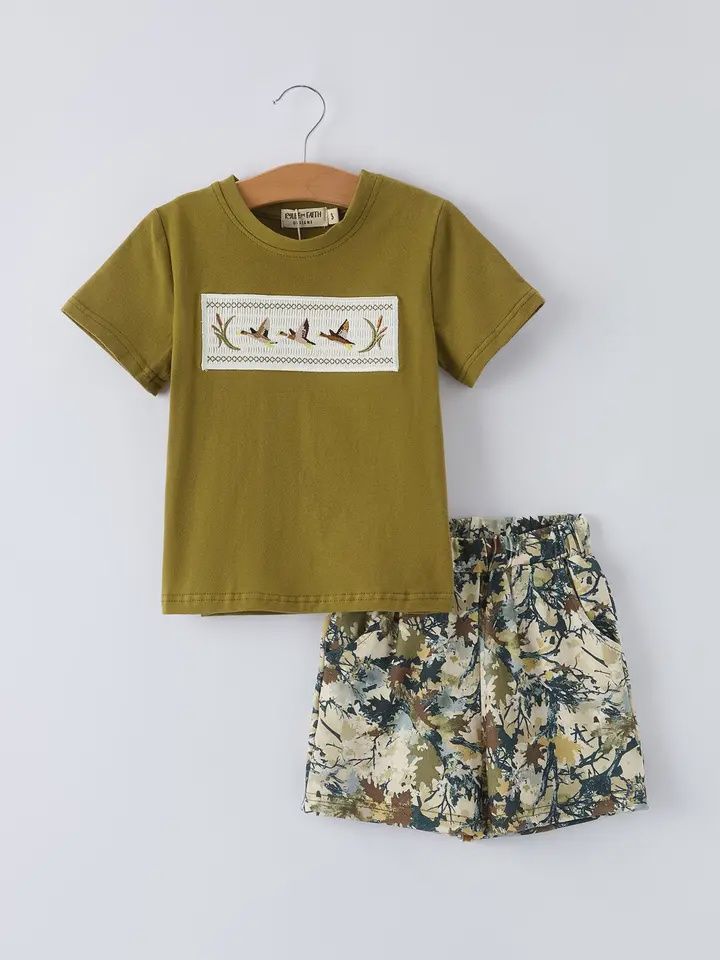 Preorder Duck Embroidery Boys Set Green Tee and Camo Shorts