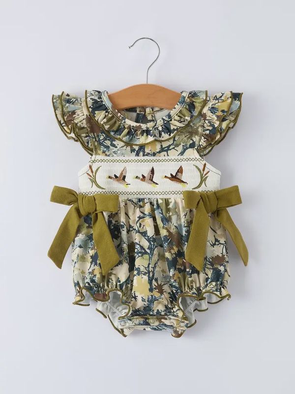 Duck Smocking Embroidery Baby Girls Camouflage Romper