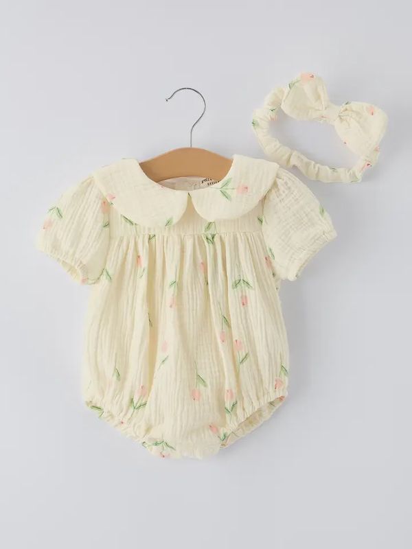 Floral Print Baby Girl Romper Matching Headband
