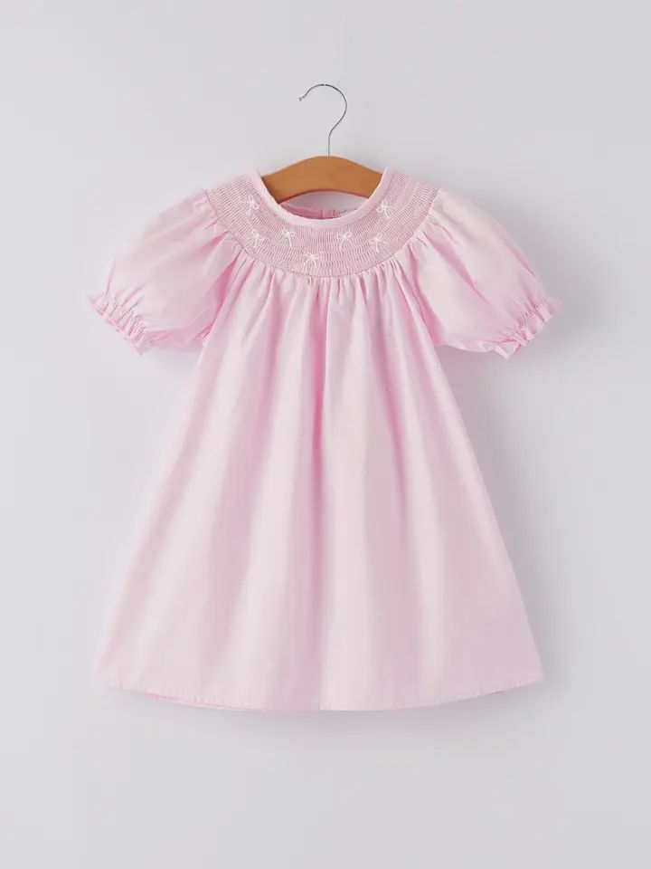 White Bow Smock Embroidered Pink Dress
