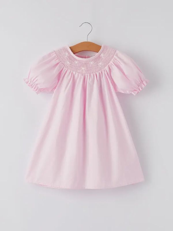 White Bow Smock Embroidered Pink Dress