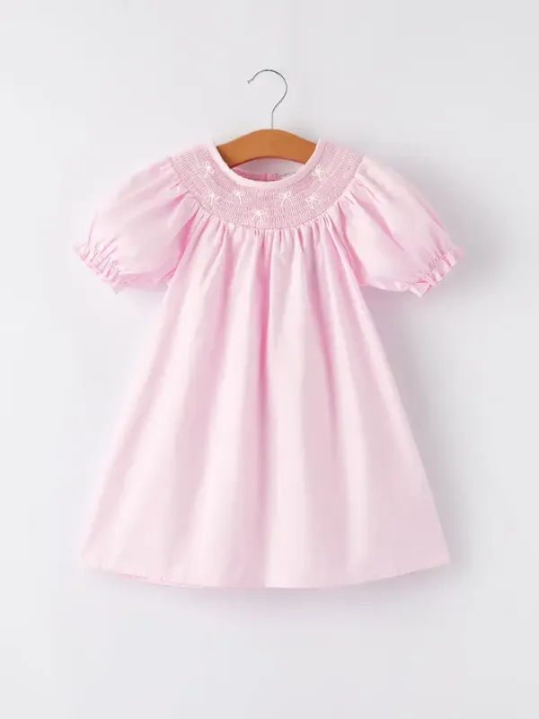 White Bow Smock Embroidered Pink Dress