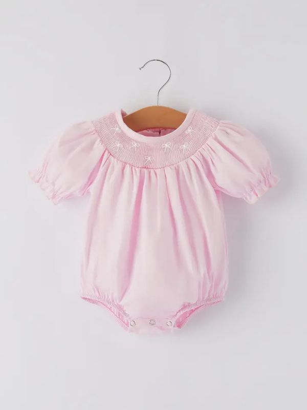 White Bow Smock Embroidered Pink Romper