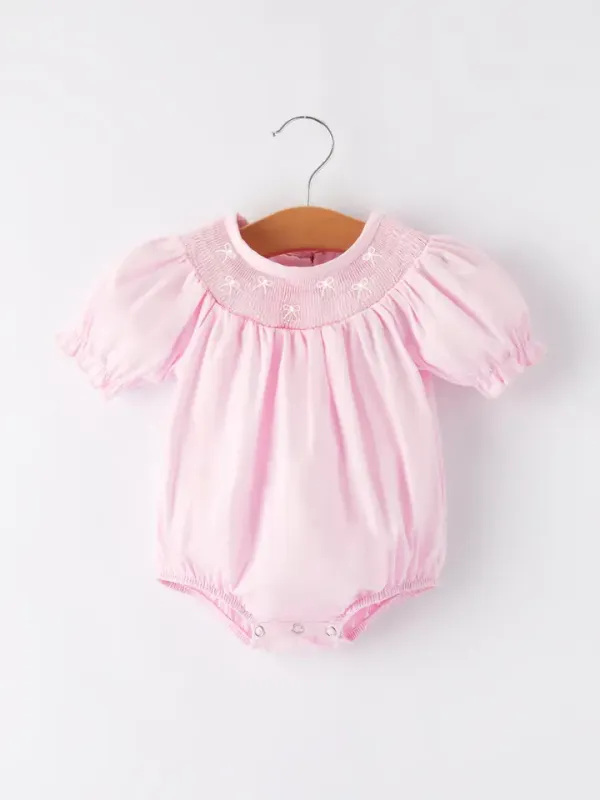 White Bow Smock Embroidered Pink Romper