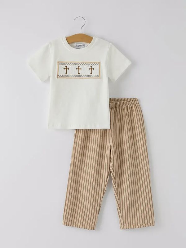 Stripe Smocked Church Christ Bishop Christening Toddler Boys'set