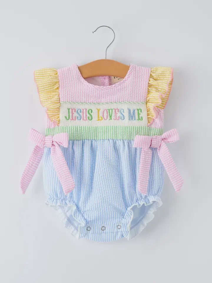Jesus Loves Me "Embroidered Baby Girls Romper