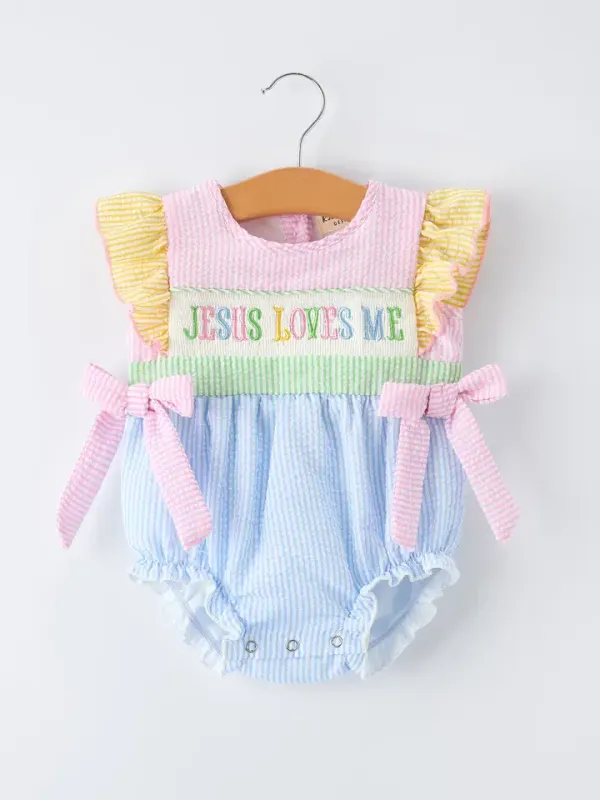 Jesus Loves Me "Embroidered Baby Girls Romper