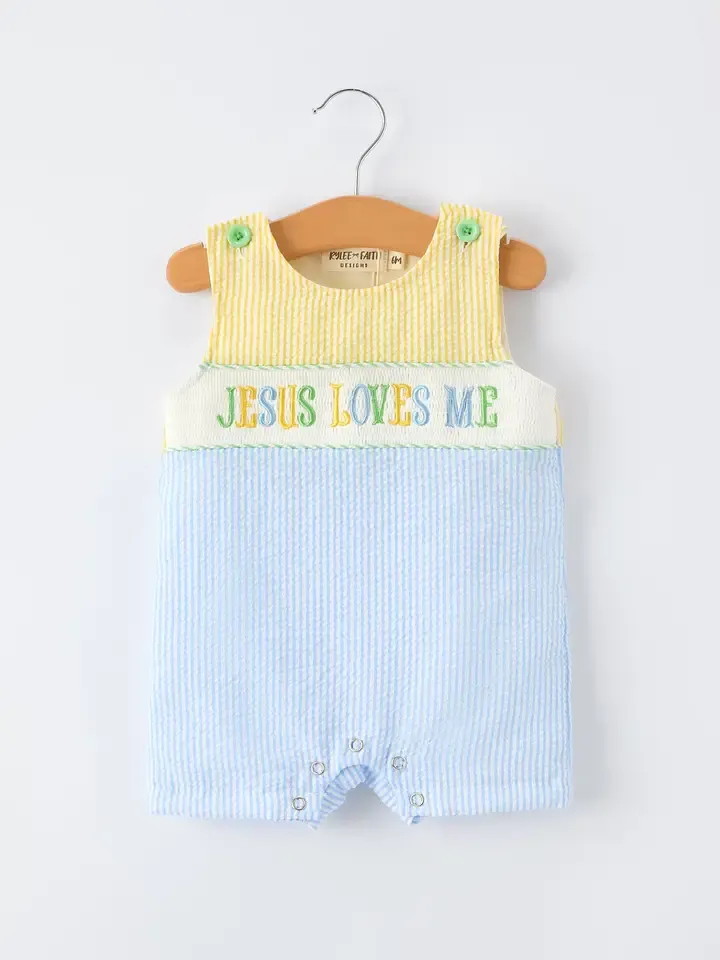 “Jesus loves me” Embroidered Baby Boy Romper
