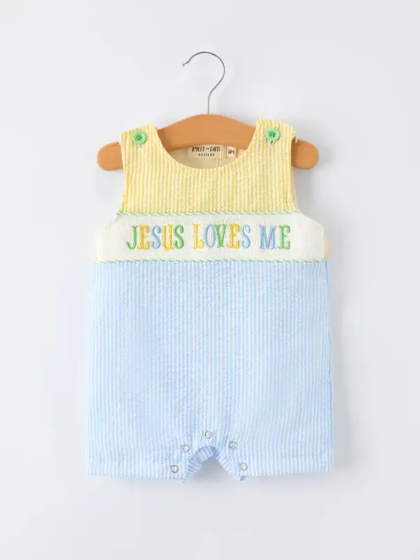 “Jesus loves me” Embroidered Baby Boy Romper