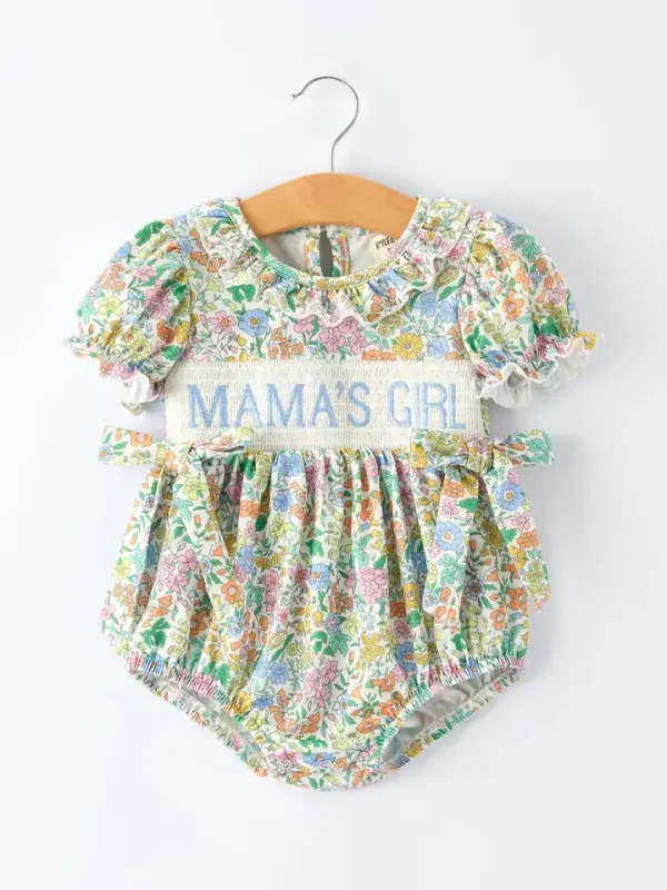 "Mama's Girl" Embroidered Smocked Girls' Romper