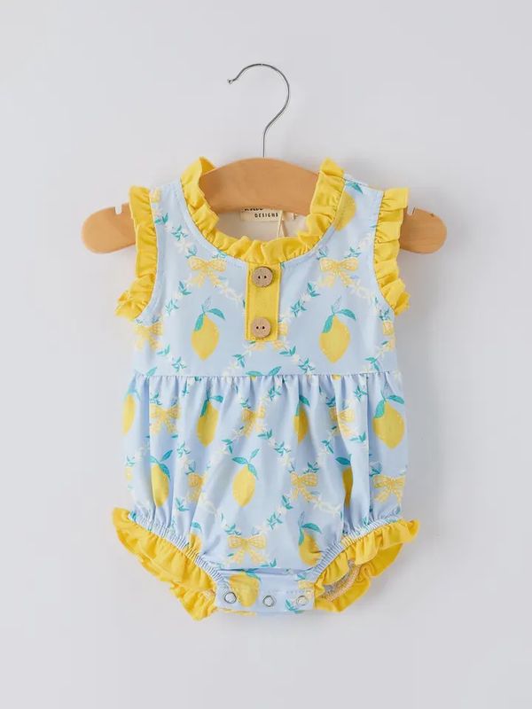 Summer Lemon Floral Print Girl Sleeveless Ruffle Romper