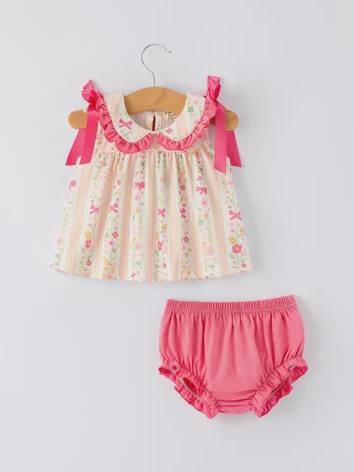 Spring Floral Bow Ruffle Girl Bloomer Set