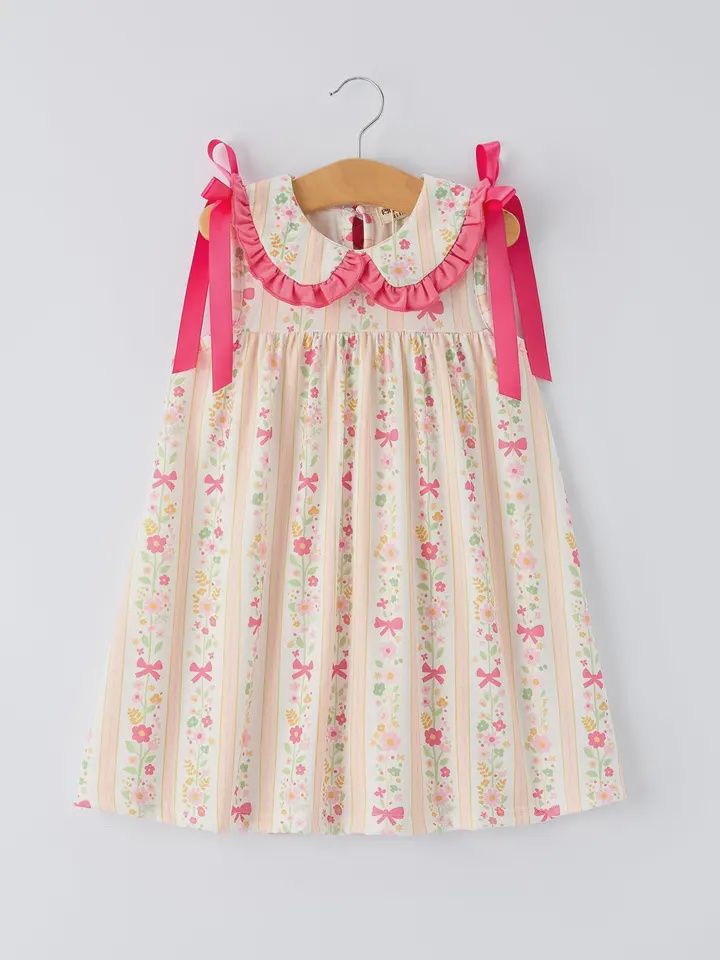 Summer Floral Bow Ruffle Girls Dress