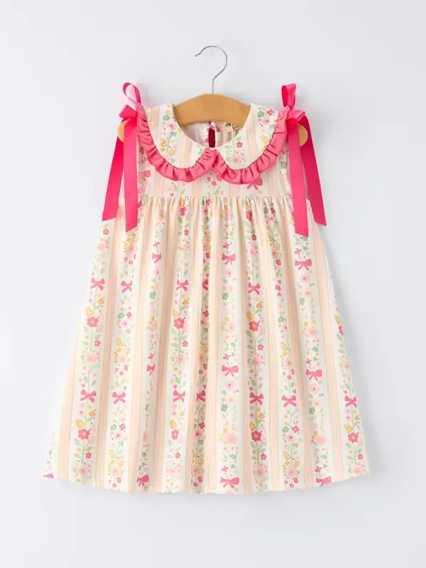 Summer Floral Bow Ruffle Girls Dress