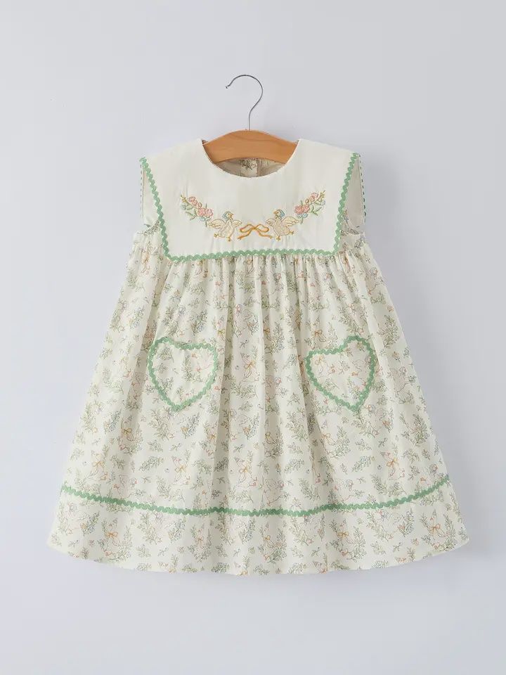 Vintage Floral Duck Embroidery Spring Girl Dress