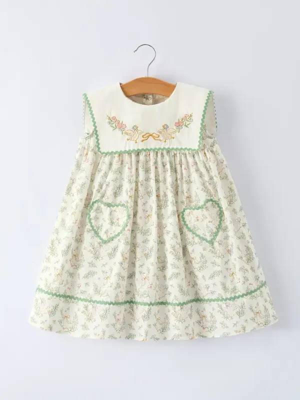 Vintage Floral Duck Embroidery Spring Girl Dress