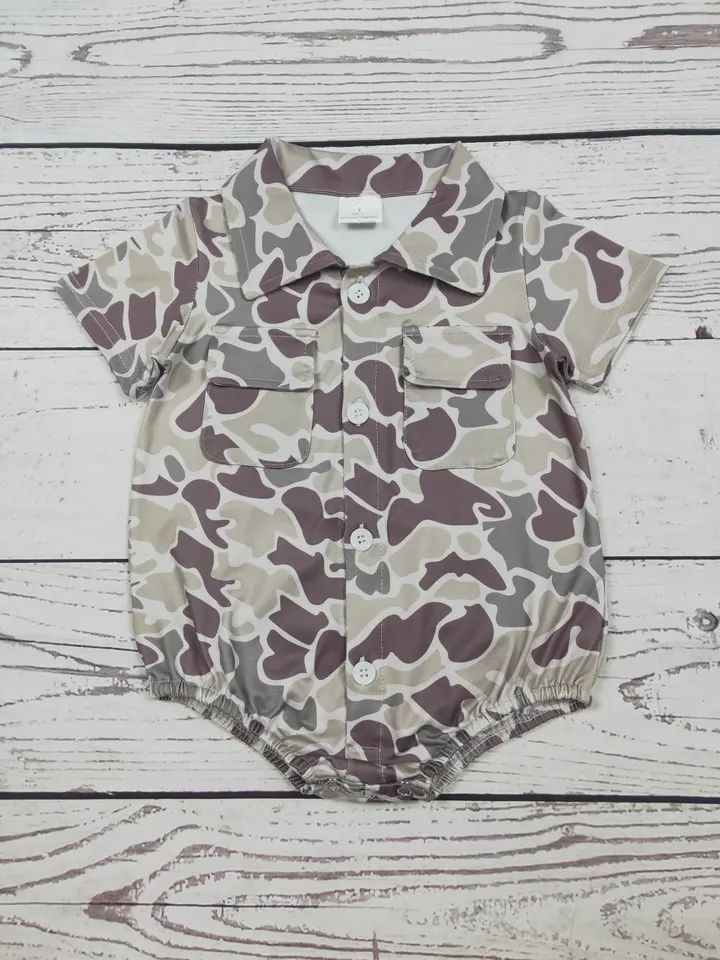 Camouflage Printed Baby Button Up Bubble with Pocket