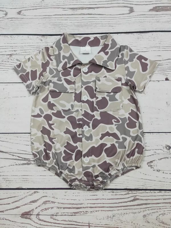 Camouflage Printed Baby Button Up Bubble with Pocket