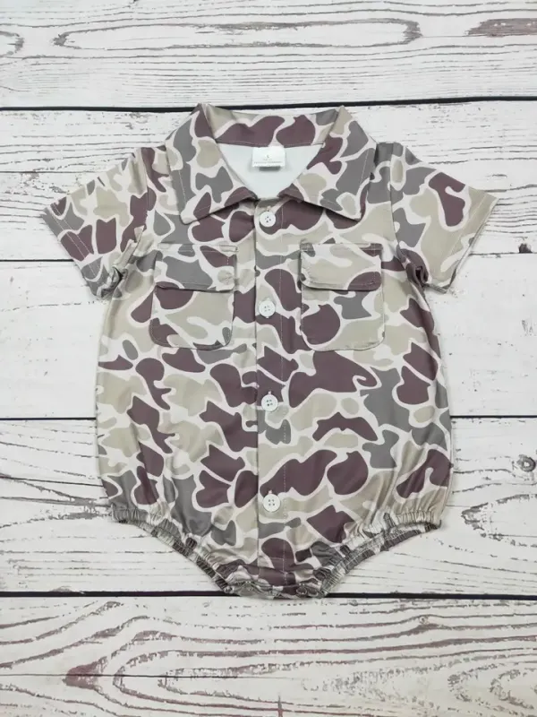 Camouflage Printed Baby Button Up Bubble with Pocket