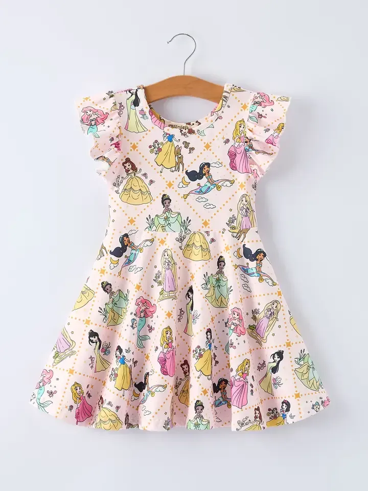 Princess Pattern Ruffle Sleeve Girls Dress