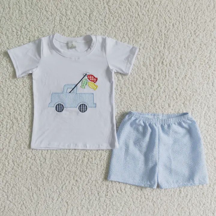 Fishing Truck Embroidery Baby Boy Summer Clothes