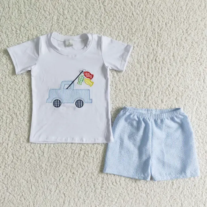 Fishing Truck Embroidery Baby Boy Summer Clothes