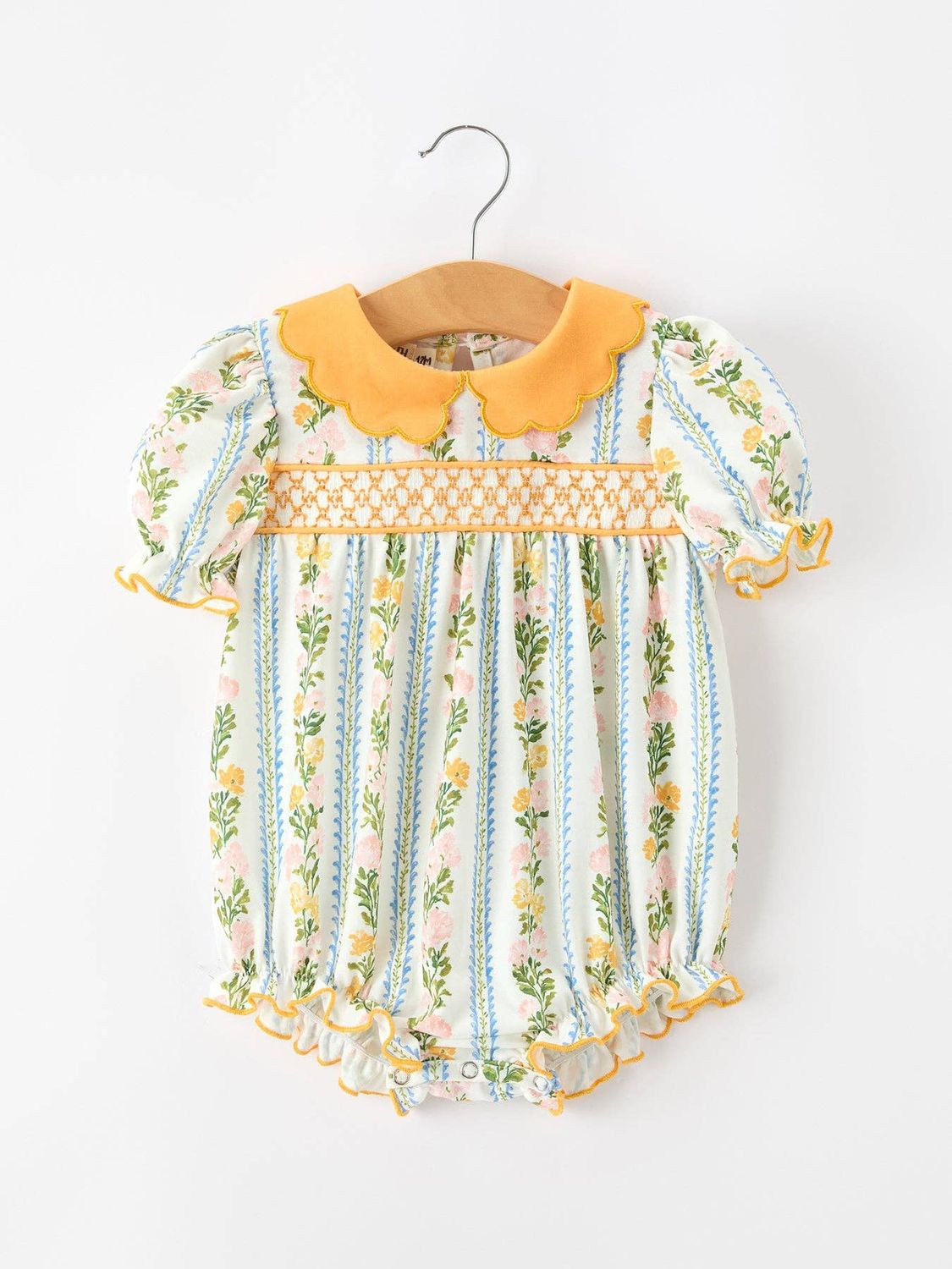 Fall Smocked Floral &amp; Stripe Baby Girl Romper with Scallop Collar