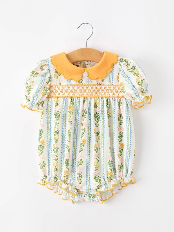 Fall Smocked Floral &amp; Stripe Baby Girl Romper with Scallop Collar