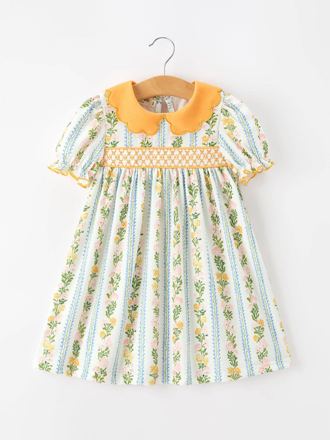 Fall Smocked Floral &amp; Stripe Baby Girl Dress with Scallop Collar