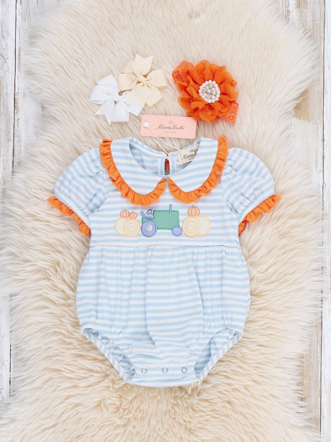 Pumpkin Harvest Ride Embroidered Bubble Romper, Size: 0/3MOS