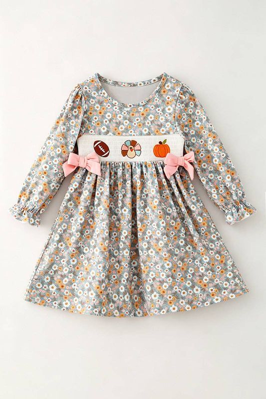 Ditsy floral girls dress with embroidery smocked