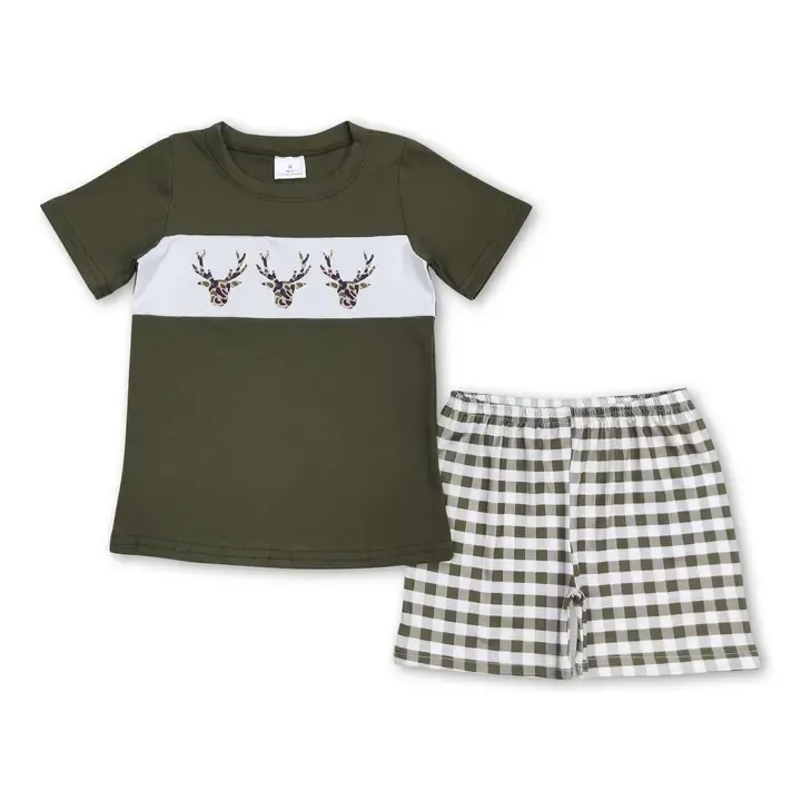 Olive Deer Top Plaid Shorts BoysSet