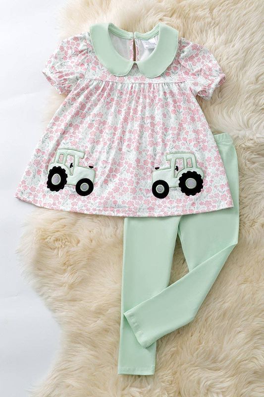Tractor Applique Tunic &amp; Dusty Green Leggings.