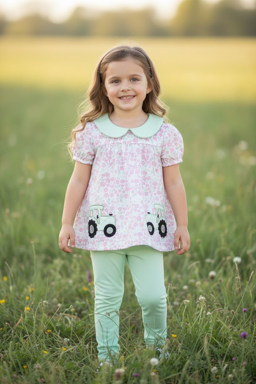 Tractor Applique Tunic &amp; Dusty Green Leggings., Size: 2XS/6-12m