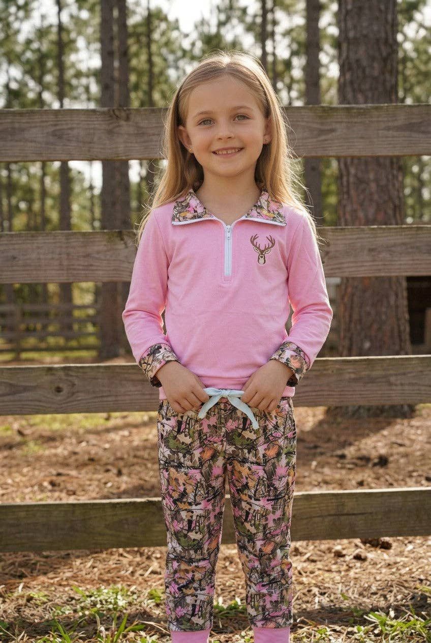 Pink Long Sleeve Shirt with Embroidered Deer and Camouflage Pant Set, Size: 4T