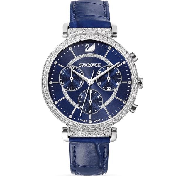 Reloj de cuarzo suizo Swarovski para mujer en acero inoxidable con correa de piel, azul, 14