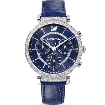 Reloj de cuarzo suizo Swarovski para mujer en acero inoxidable con correa de piel, azul, 14