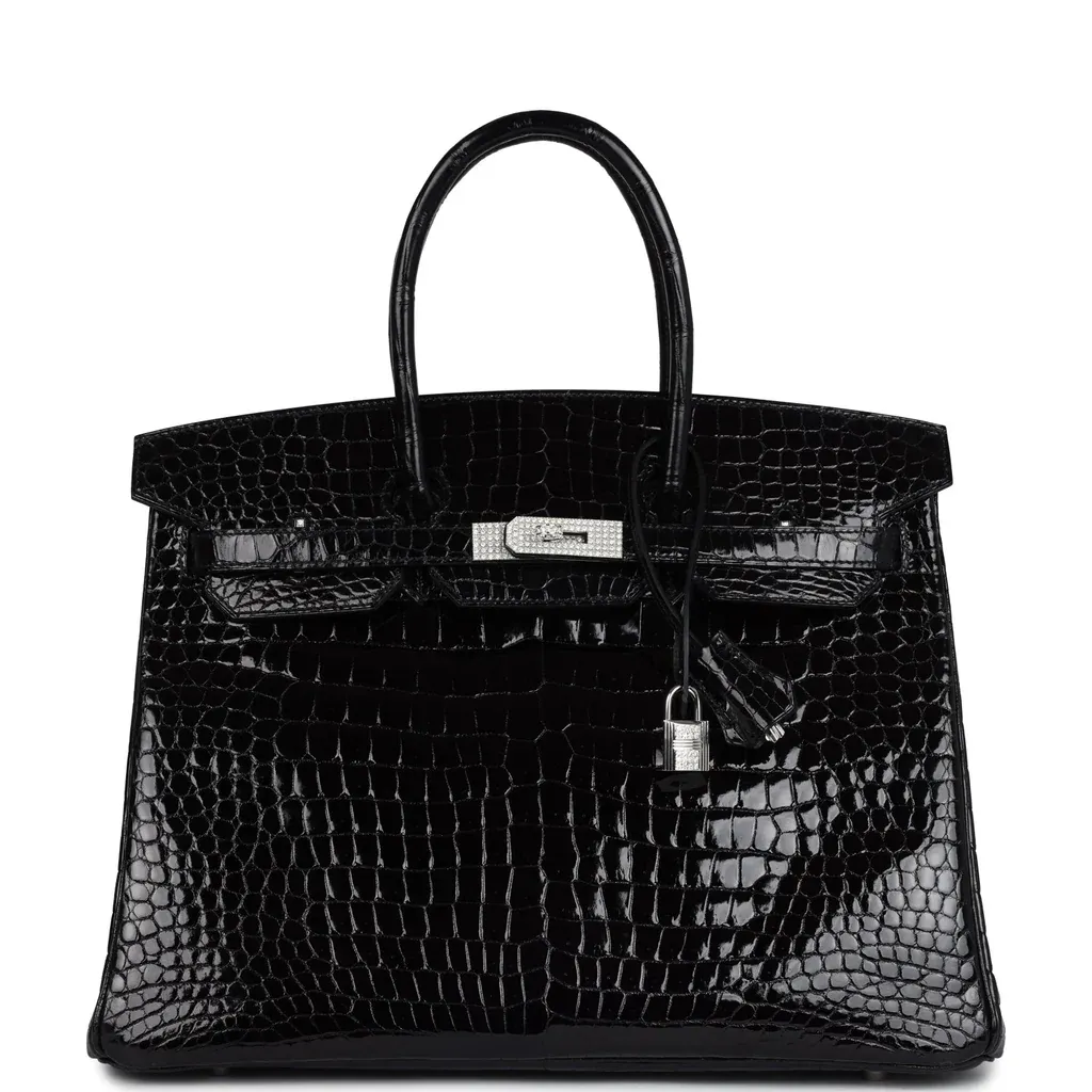 Pre-owned Hermès Birkin 35 Black Shiny Porosus Crocodile 18K White Gold Diamond Hardware