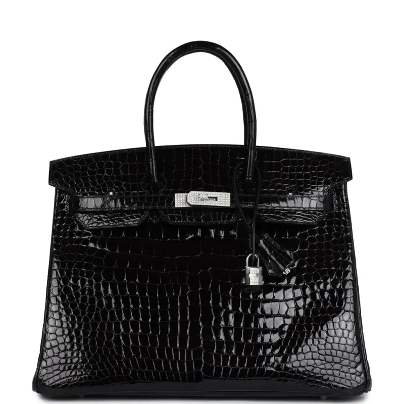 Pre-owned Hermès Birkin 35 Black Shiny Porosus Crocodile 18K White Gold Diamond Hardware