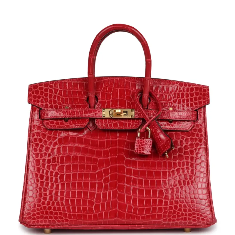 Hermès Birkin 25 Braise Shiny Porosus Crocodile Gold Hardware