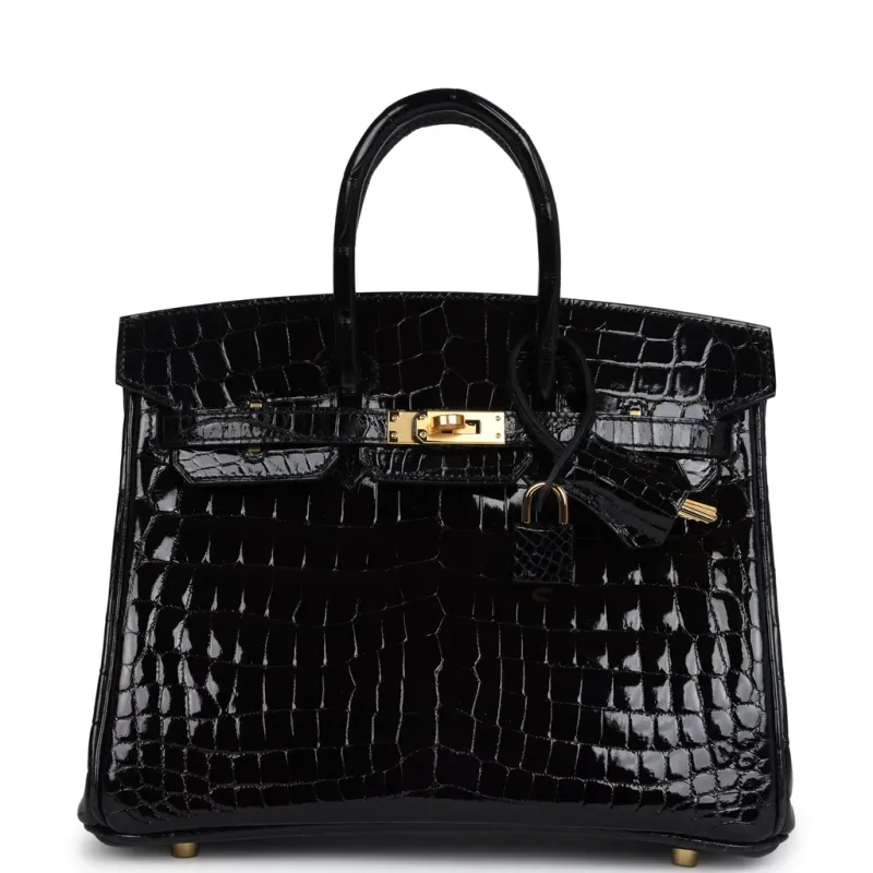 Hermès Birkin 25 Black Shiny Niloticus Crocodile Gold Hardware
