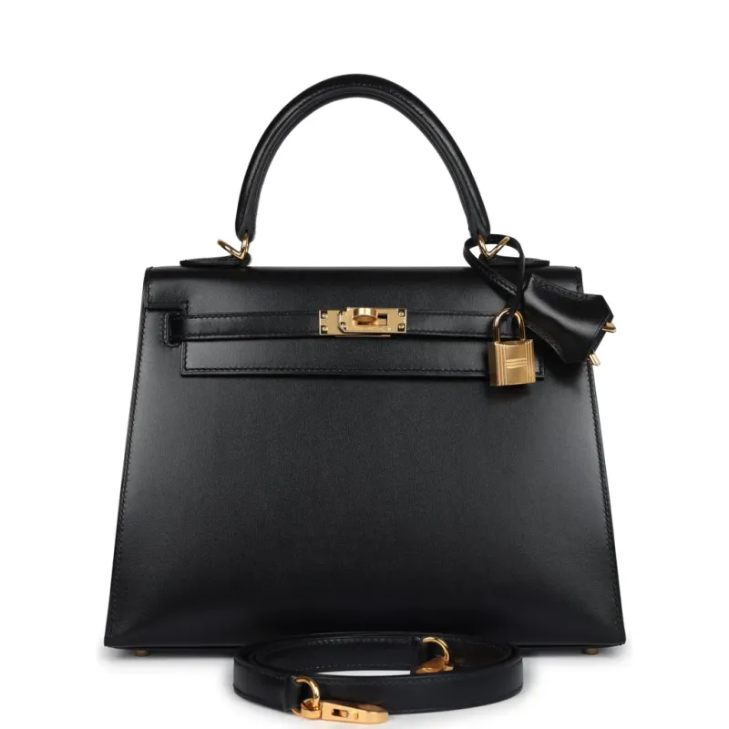 Hermès Kelly Sellier 25 Black Box Gold Hardware